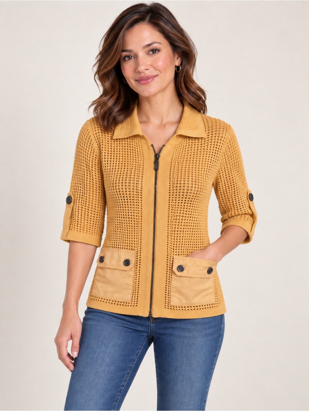 ALIA Petite Mustard Open-Knit Zip Cardigan Jacket PS/P 18PTP 22Length